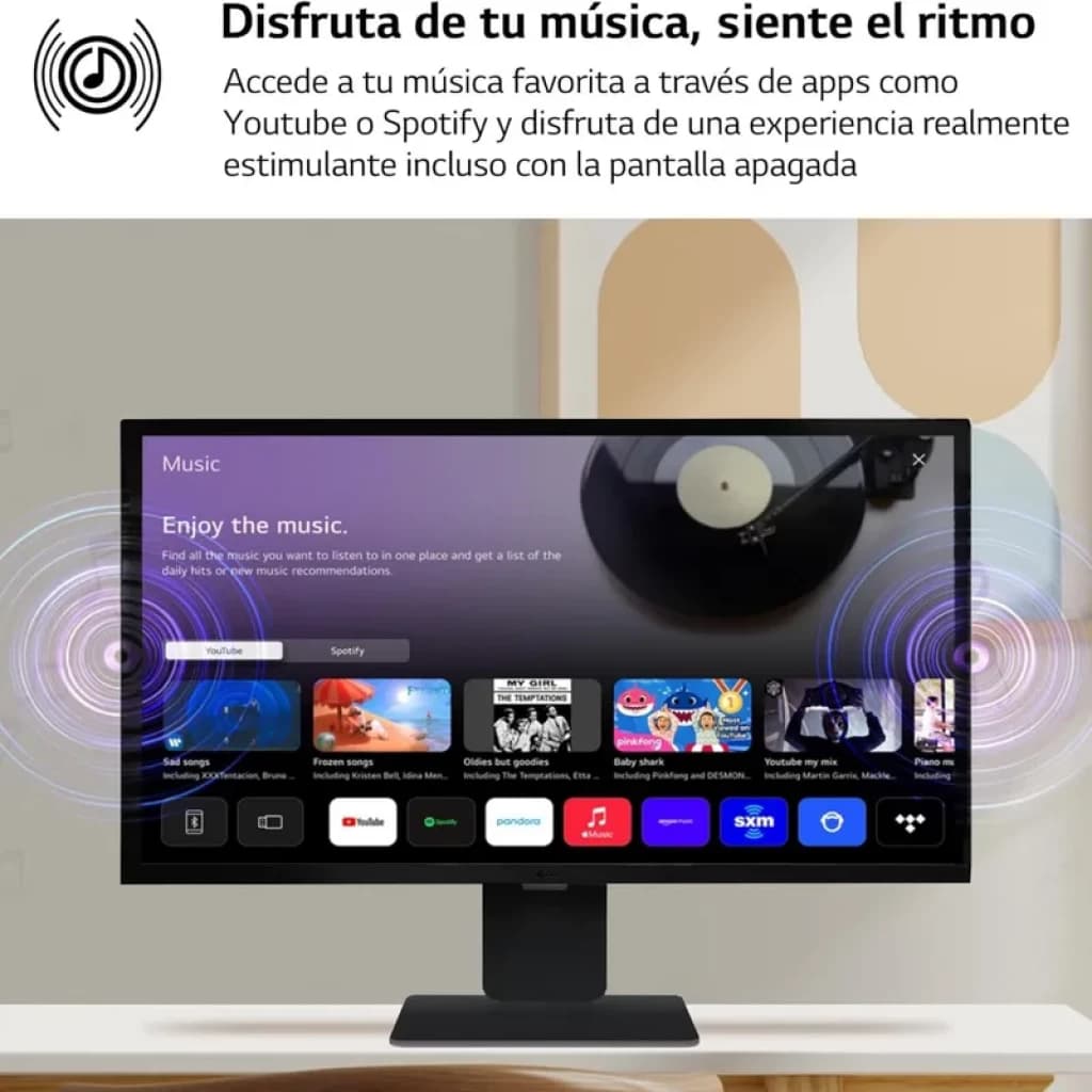 LG 32SR50F-W.AEU 31.5 FullHD IPS preto com WebOS, tela fina sem bordas aparentes, base retangular estável, som destacado e apps como YouTube e Spotify