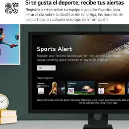 LG 32SR50F-W.AEU 31.5 FullHD IPS WebOS Preto exibindo tela Sports Alert com ícones de futebol, basquete e notificações; moldura preta, base central