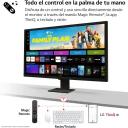 LG 32SR50F-W.AEU 31.5 FullHD IPS preto com WebOS, bordas finas e base retangular; compatível com Magic Remote, teclado e rato para navegação fácil