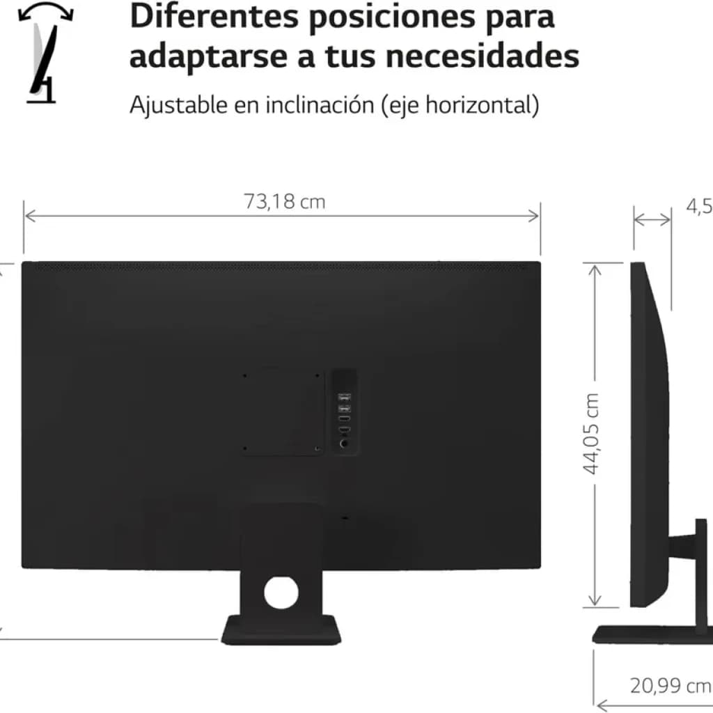 LG 32SR50F-W.AEU 31,5 FullHD IPS WebOS Preto visto por trás e lateral, base central robusta, portas traseiras acessíveis, ajuste de inclinação horizontal