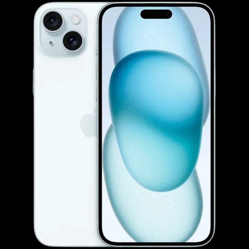 iPhone 15 Plus 256 Go bleu reconditionné excellent état, double capteur arrière, écran bord à bord avec îlot dynamique, design épuré couleur claire