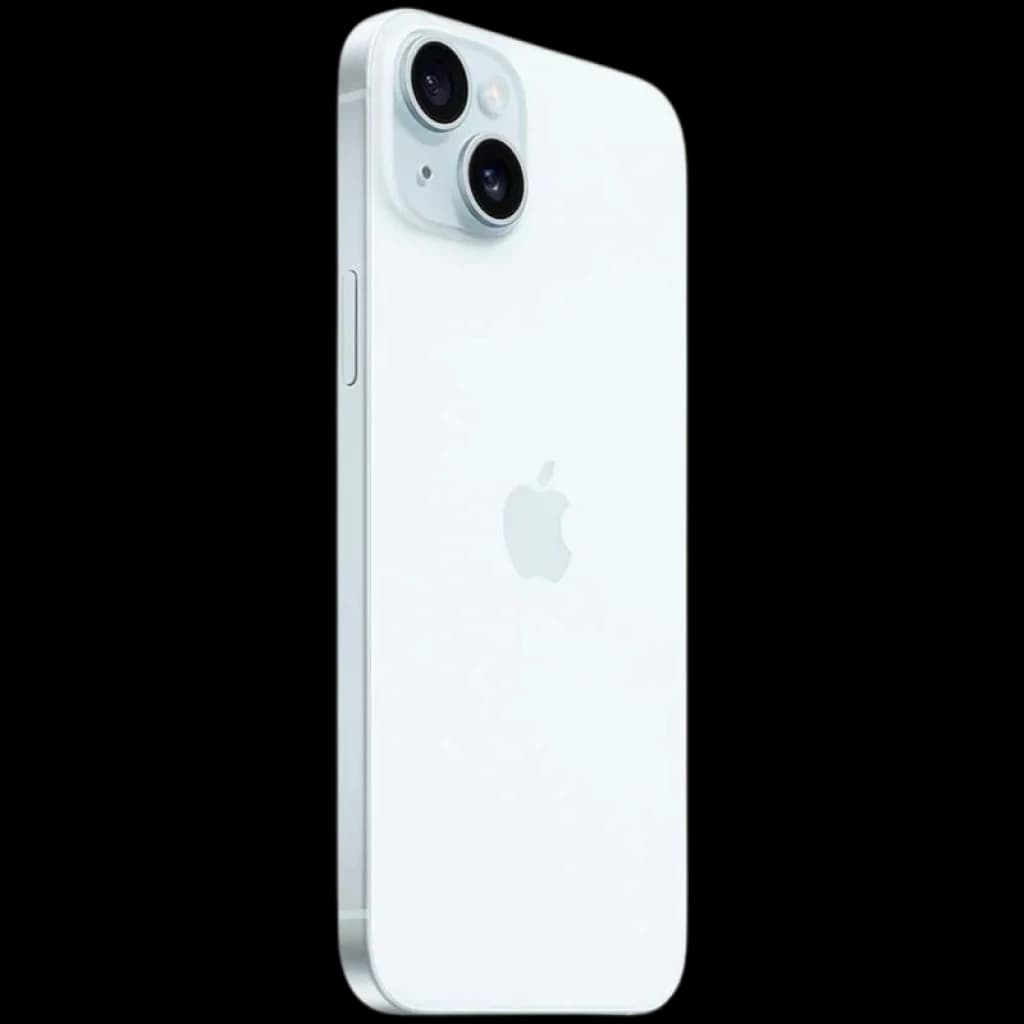 Dos d’iPhone 15 Plus bleu, reconditionné excellent état, coque lisse, bords plats, logo Apple centré, double appareil photo arrière avec flash