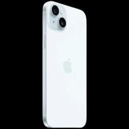 Dos d’iPhone 15 Plus bleu, reconditionné excellent état, coque lisse, bords plats, logo Apple centré, double appareil photo arrière avec flash
