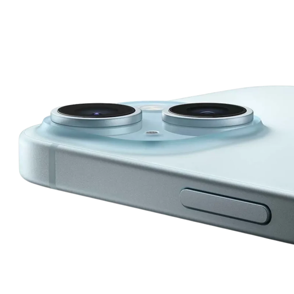 iPhone 15 Plus azul 256 GB renovado; tela grande com notch em pílula, bordas finas; traseira clara com dupla câmera vertical e logo Apple central - Item2