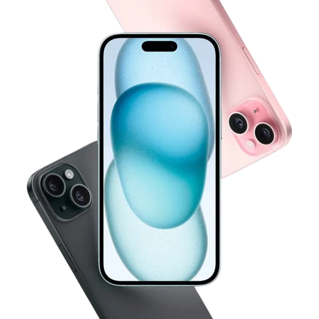 iPhone 15 Plus azul 256 GB renovado; tela grande com notch em pílula, bordas finas; traseira clara com dupla câmera vertical e logo Apple central - Item3