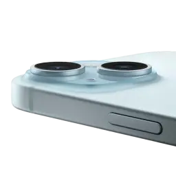 iPhone 15 Plus 5G 128 Go Bleu reconditionné excellent état avec double capteur arrière proéminent, bords plats en aluminium et finition bleue mate