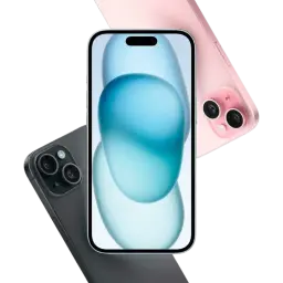 iPhone 15 Plus 5G 128 Go Bleu reconditionné excellent état, écran bord à bord avec Dynamic Island, doubles capteurs photo arrière, coloris bleu, rose et
