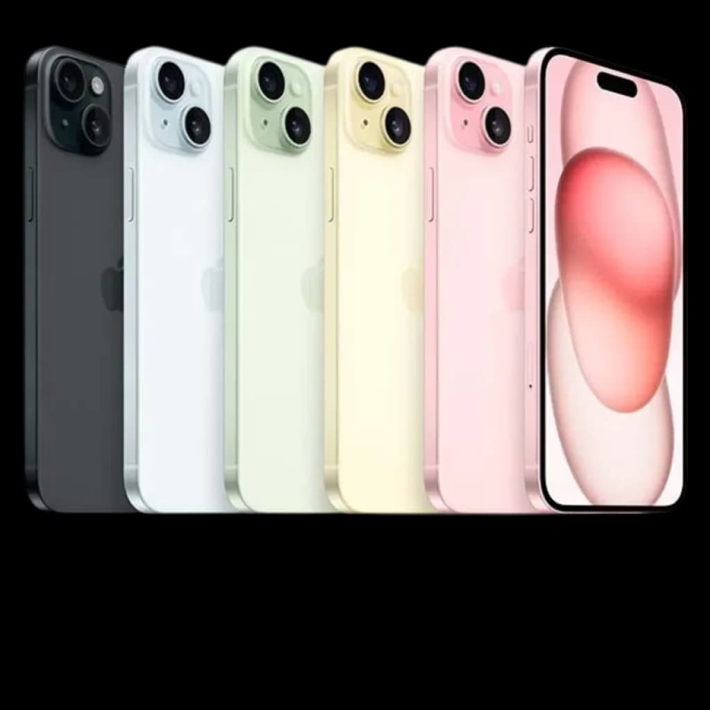 iPhone 15 Plus 5G 128 Go Bleu reconditionné excellent état, design aluminium, bords plats, double caméra arrière, écran large, coloris variés en vitrine