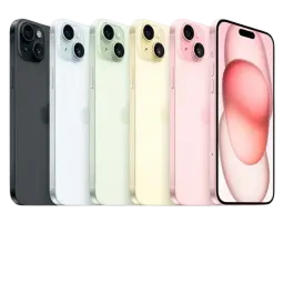 iPhone 15 Plus 5G 128 Go Bleu reconditionné excellent état, design aluminium, bords plats, double caméra arrière, écran large, coloris variés en vitrine