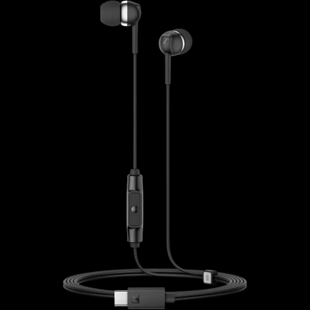Sennheiser CX 80U auriculares in-ear negros con cable USB-C, cápsulas metálicas circulares, micrófono y control en línea, driver de 9,7 mm