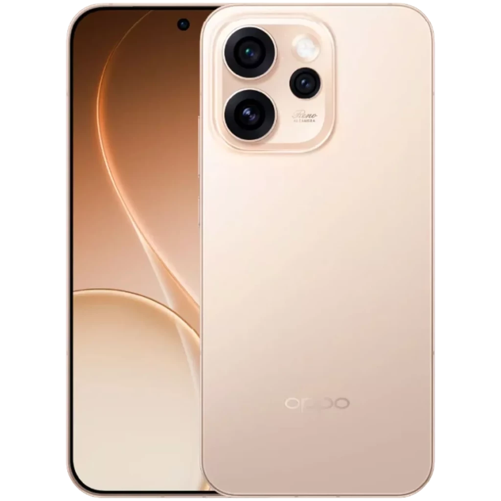 Oppo Reno15 Pro Max 5G dorado con acabado mate, pantalla casi sin bordes y cámara triple grande con módulo circular y flash integrado - Ítem