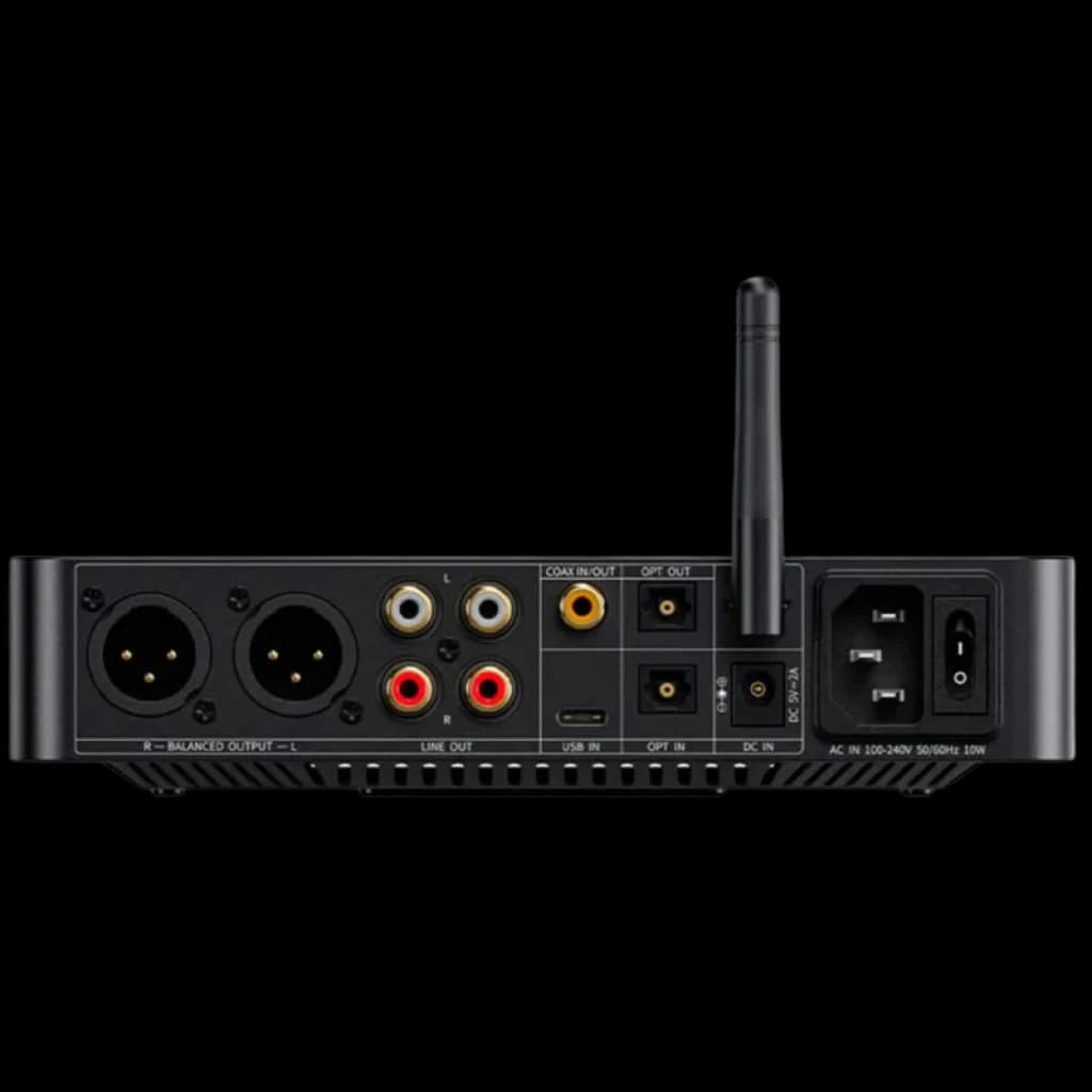 FiiO BR15 R2R receptor Bluetooth Hi-Res con DAC 24-bit, panel trasero con XLR balanceado, RCA, coaxial, óptico, USB, antena y entrada AC 100-240V