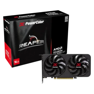 Vista frontal da Powercolor Reaper RX 9060XT com duas ventoinhas de 87 mm