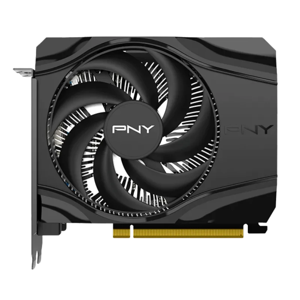 PNY GeForce RTX 5060 Single Fan 8 GB GDDR7 com ventilador único, design compacto em preto, placa traseira metálica e embalagem que destaca o DLSS - Item1