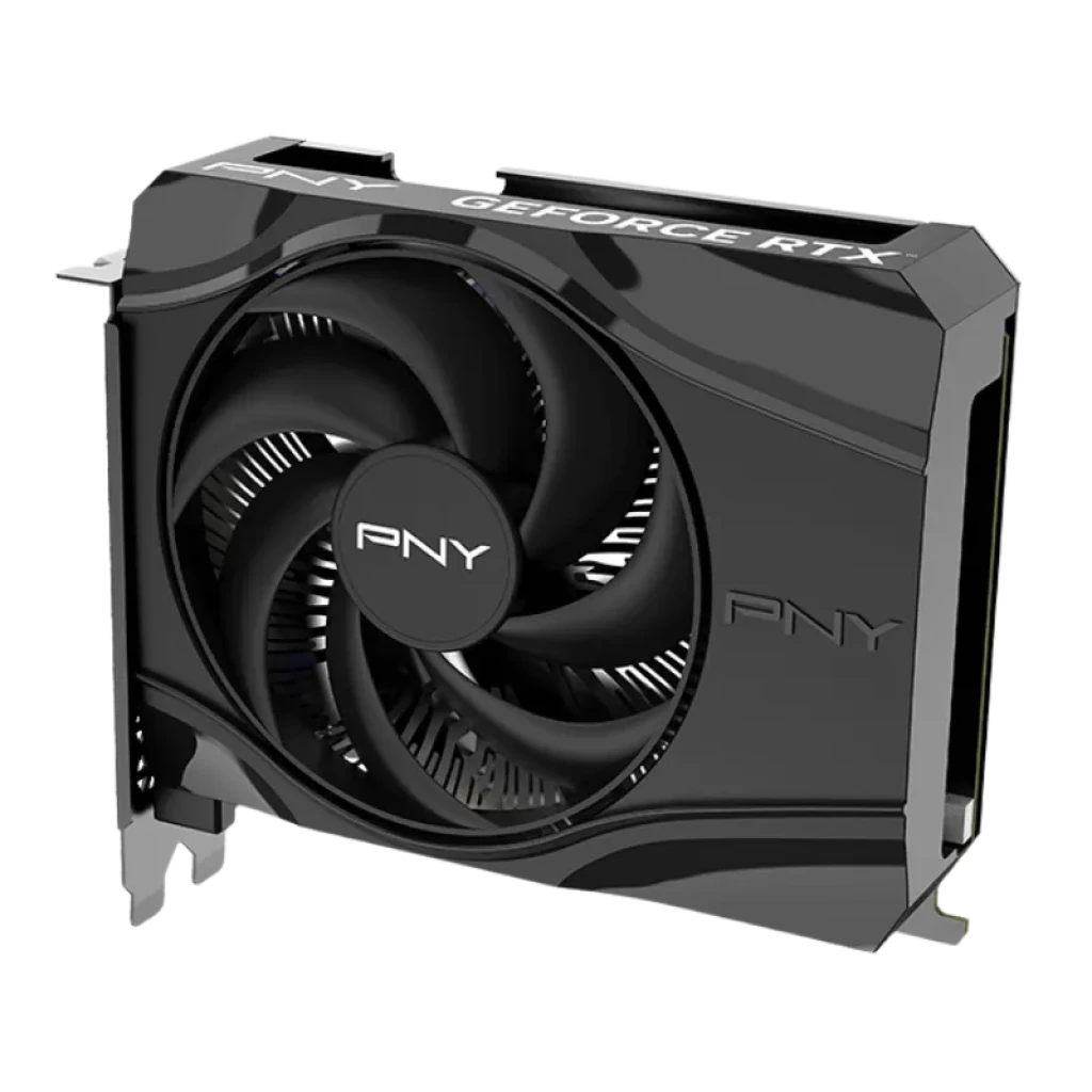 PNY GeForce RTX 5060 Single Fan 8 GB GDDR7 com ventilador único, design compacto em preto, placa traseira metálica e embalagem que destaca o DLSS - Item2