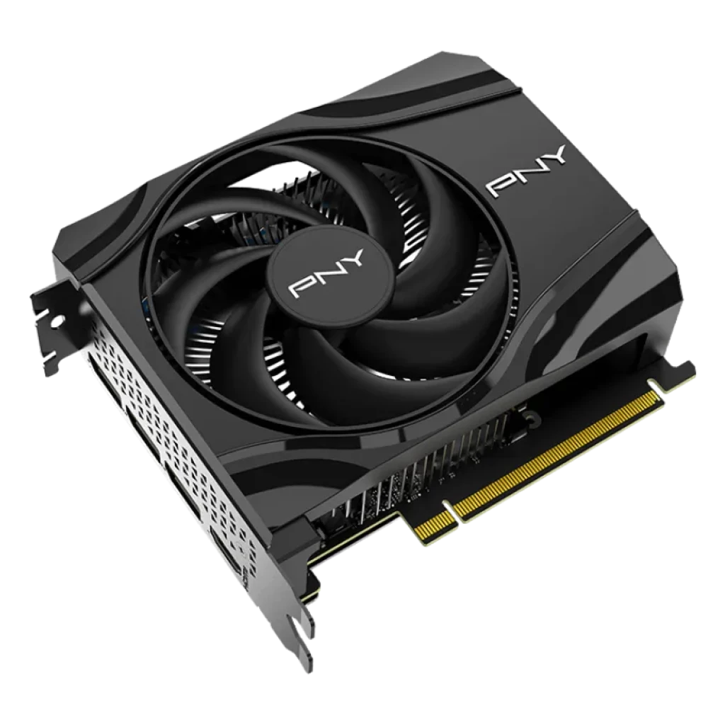 PNY GeForce RTX 5060 Single Fan 8 GB GDDR7 com ventilador único, design compacto em preto, placa traseira metálica e embalagem que destaca o DLSS - Item3