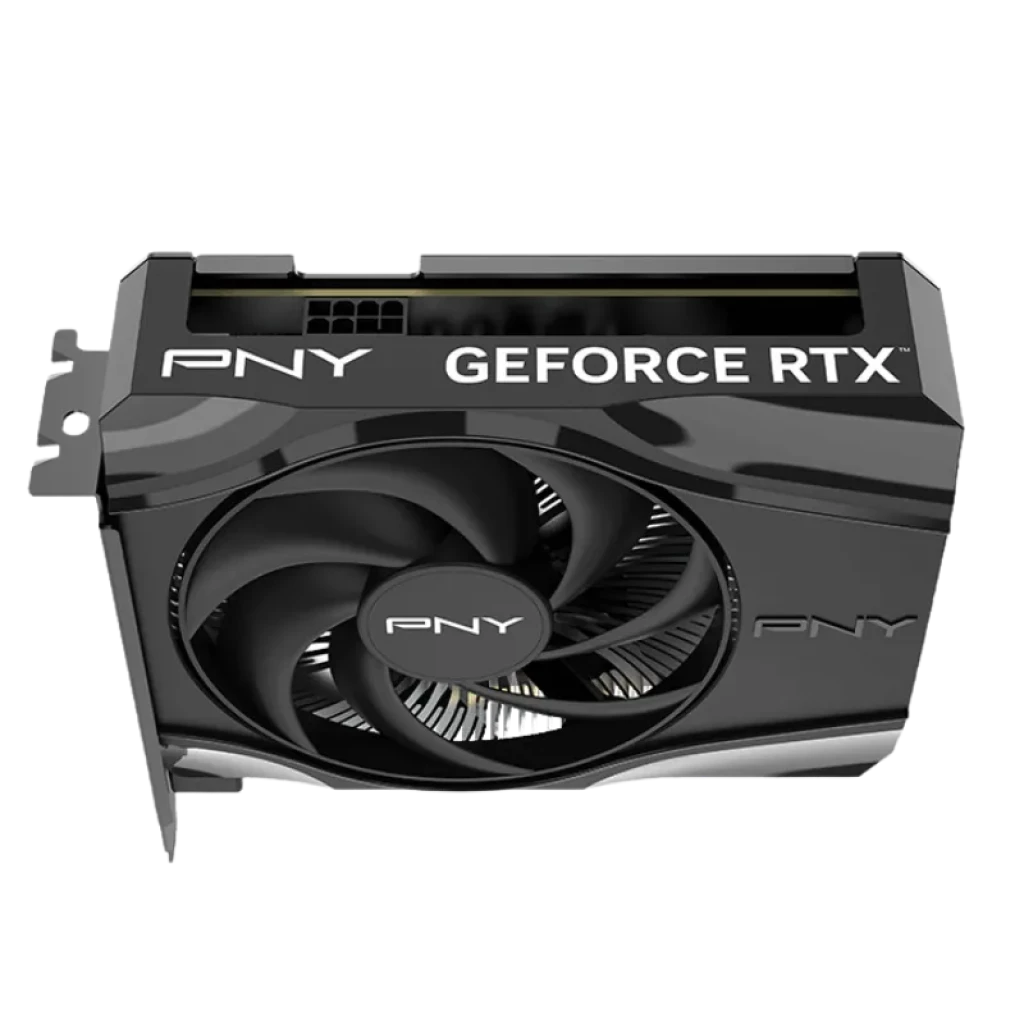 PNY GeForce RTX 5060 Single Fan 8 GB GDDR7 com ventilador único, design compacto em preto, placa traseira metálica e embalagem que destaca o DLSS - Item4