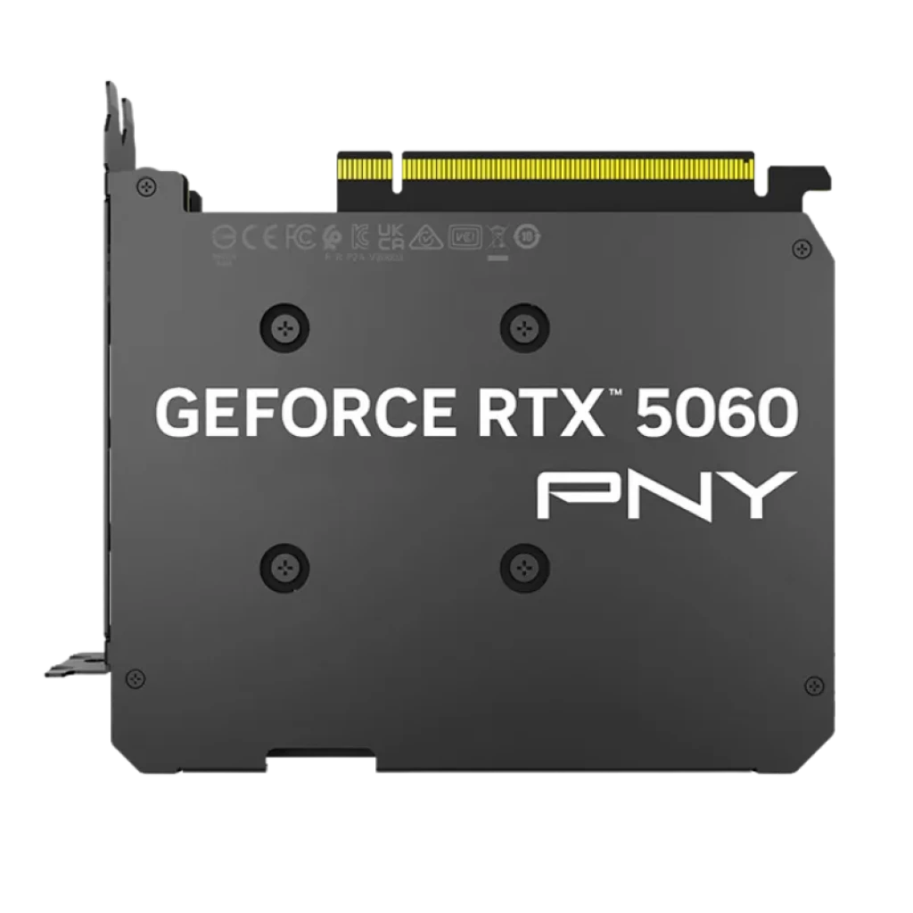 PNY GeForce RTX 5060 Single Fan 8 GB GDDR7 com ventilador único, design compacto em preto, placa traseira metálica e embalagem que destaca o DLSS - Item5