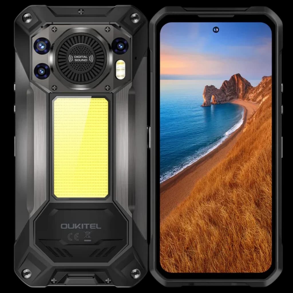 Oukitel WP61 Plus 5G preto robusto, traseira com luz LED grande, módulo de câmara tripla e altifalante; ecrã frontal amplo com furo central para câmara