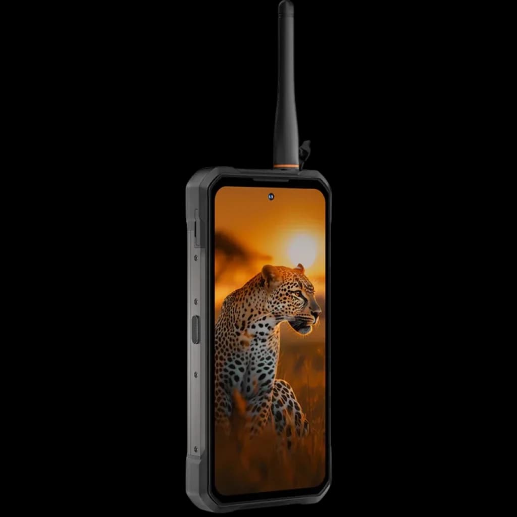 Oukitel WP61 Plus 5G preto robusto, corpo reforçado, antena DMR destacável, ecrã grande com câmara frontal central, botões laterais e moldura