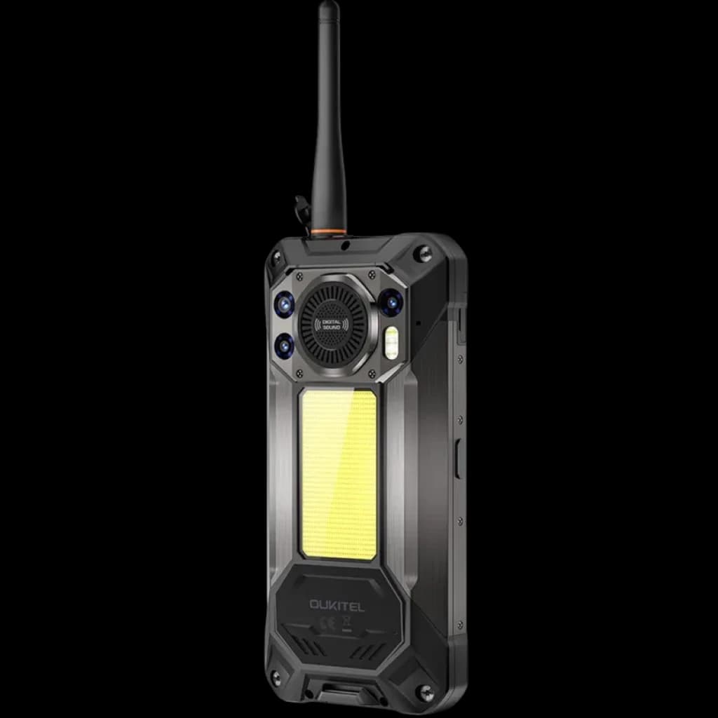 Telemóvel robusto Oukitel WP61 Plus 5G preto, traseira reforçada com LED grande, câmara múltipla e antena de walkie talkie DMR integrada