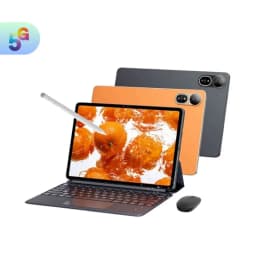 Tablet Blackview Mega 12 5G dorada con pantalla QFHD+ 120Hz, 12GB RAM, doble cámara trasera, lápiz óptico, funda con teclado y mouse inalámbrico