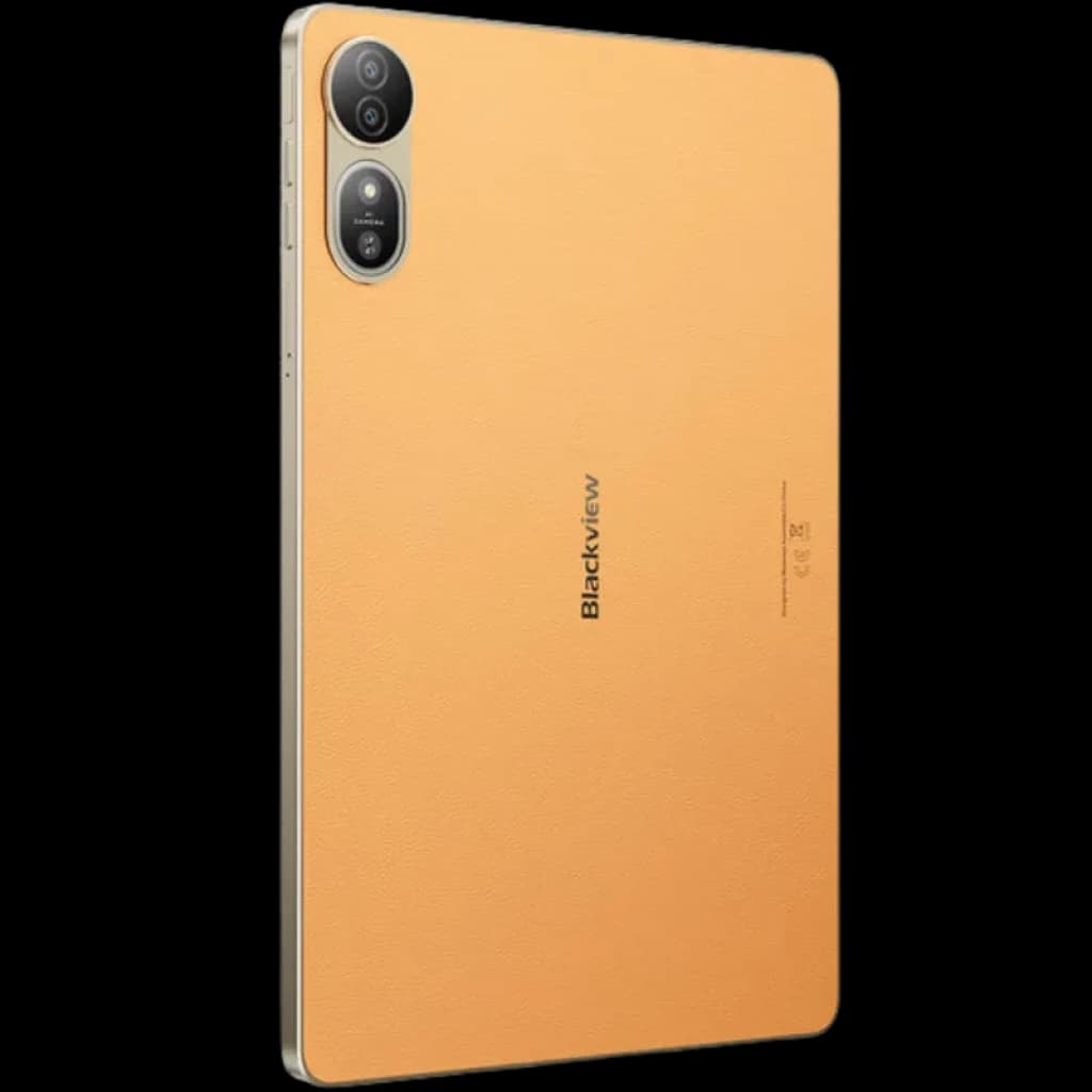 Tablet Blackview Mega 12 5G dorada con acabado tipo cuero, doble cámara trasera vertical, borde metálico fino y diseño elegante; pantalla QFHD+ 120Hz, 12GB