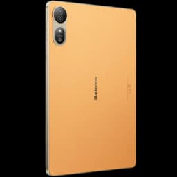 Tablet Blackview Mega 12 5G dorada con acabado tipo cuero, doble cámara trasera vertical, borde metálico fino y diseño elegante; pantalla QFHD+ 120Hz, 12GB