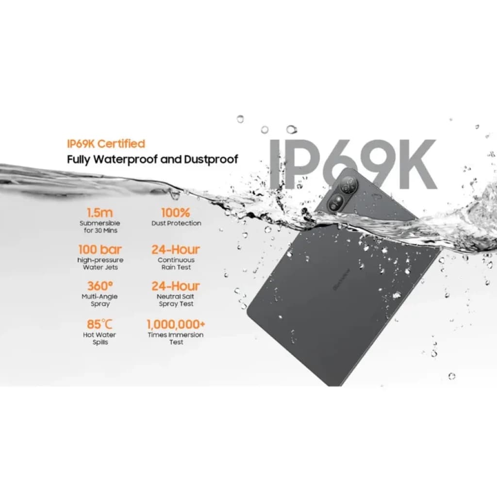 Blackview Mega 12 5G dorado, trasera mate con doble cámara vertical y flash; destaca certificación IP69K resistente al agua y polvo, diseño elegante