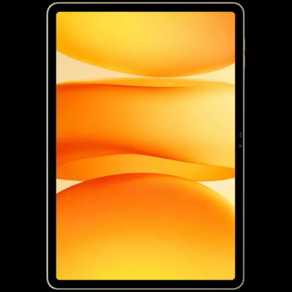 Tablet Blackview Mega 12 5G dorada con pantalla QFHD+ de bordes delgados, 120Hz, marco metálico y frontal casi sin biseles, diseño elegante y moderno
