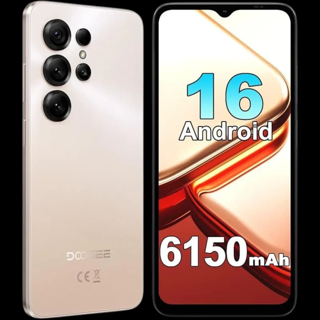 Doogee Note 56X or champagne, grand écran 6,56 pouces avec encoche goutte, triple appareil photo arrière proéminent, batterie 6150 mAh, Android 16 affiché