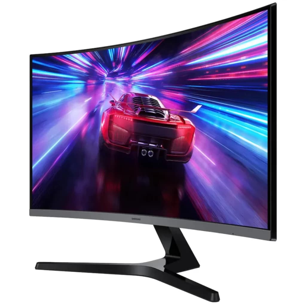Écran PC incurvé 27" Samsung noir, bordures fines, dalle VA Full HD, pied en V élégant, affichant une scène de course lumineuse et colorée