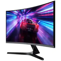 Écran PC incurvé 27" Samsung noir, bordures fines, dalle VA Full HD, pied en V élégant, affichant une scène de course lumineuse et colorée