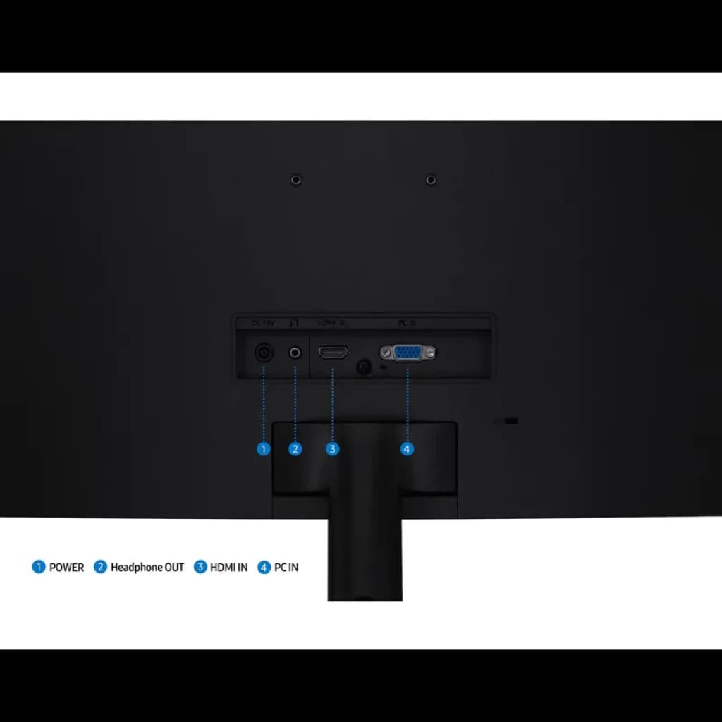 Arrière du Moniteur Samsung S27D392GAU 27 pouces noir avec ports HDMI, VGA, PC IN et prise casque, bouton d’alimentation, design incurvé élégant