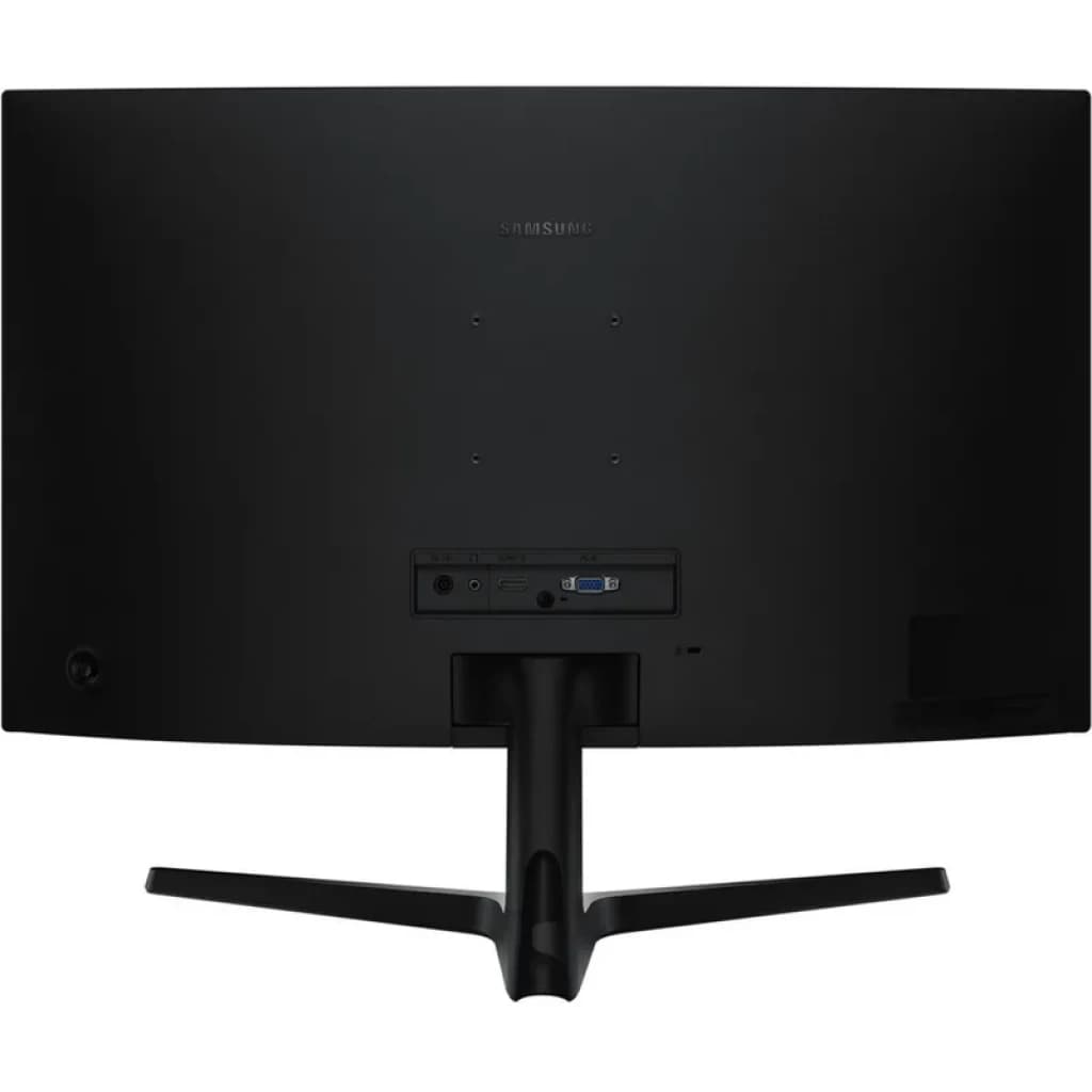 Arrière du moniteur Samsung incurvé 27 pouces noir, pied en V, VESA au centre, ports HDMI, VGA et audio accessibles, design épuré et mat