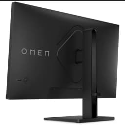 Monitor HP OMEN 27q visto desde atrás, carcasa negra mate con logo OMEN, soporte robusto ajustable y puertos laterales, diseño minimalista y moderno
