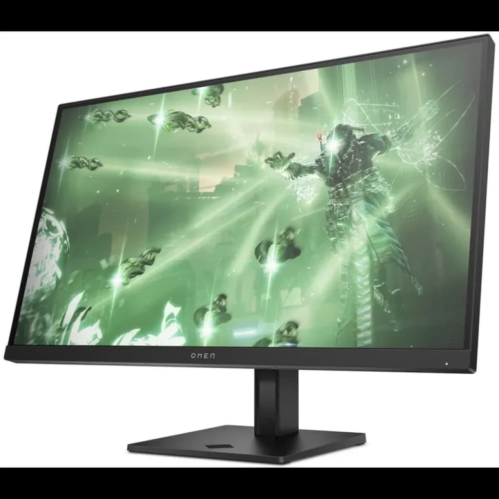 Monitor HP OMEN 27q de 27 pulgadas con biseles finos, panel IPS QHD, base robusta ajustable y pantalla mostrando escena de juego con tonos verdes brillantes