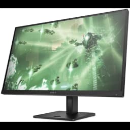 Monitor HP OMEN 27q de 27 pulgadas con biseles finos, panel IPS QHD, base robusta ajustable y pantalla mostrando escena de juego con tonos verdes brillantes