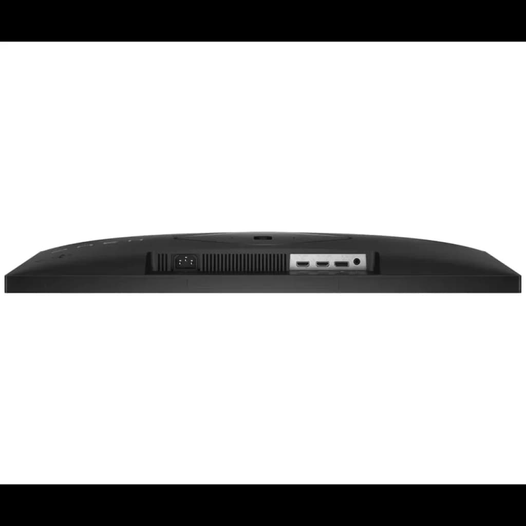Parte trasera del Monitor HP OMEN 27q con puertos HDMI y DisplayPort, rejilla de ventilación central y conector de alimentación en chasis negro delgado