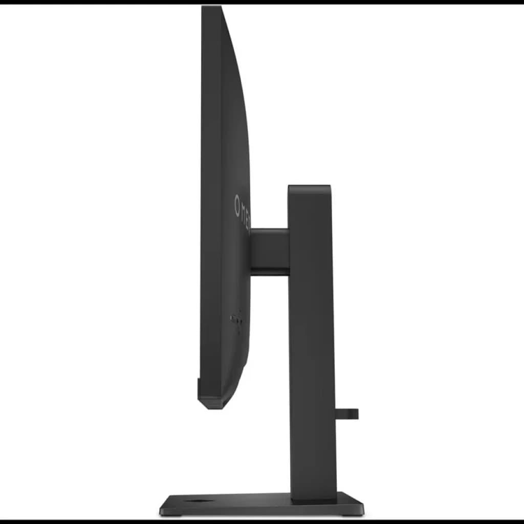 Perfil lateral del Monitor HP OMEN 27q con panel delgado, bisel mínimo y soporte robusto de altura ajustable en acabado negro mate