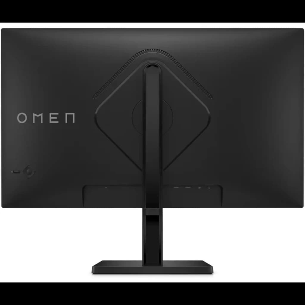 Parte trasera del Monitor HP OMEN 27q con acabado negro mate, soporte central robusto ajustable y gestión de cables integrada bajo panel trasero limpio