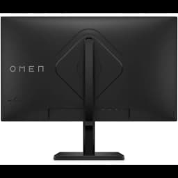 Parte trasera del Monitor HP OMEN 27q con acabado negro mate, soporte central robusto ajustable y gestión de cables integrada bajo panel trasero limpio