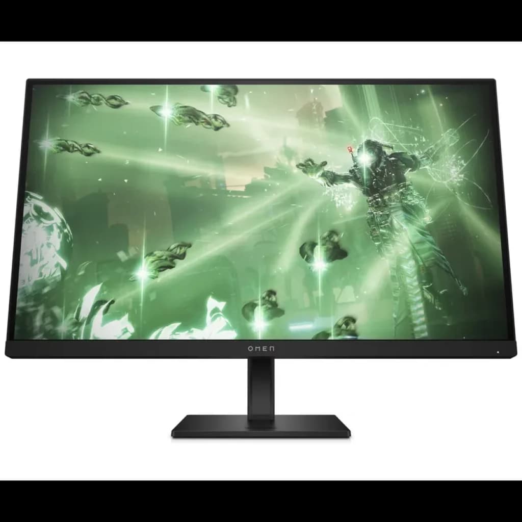 Monitor HP OMEN 27q de 27 pulgadas con pantalla LED IPS QHD, biseles finos, base rectangular negra y contenido gaming en tono verde brillante