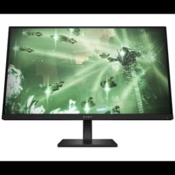 Monitor HP OMEN 27q de 27 pulgadas con pantalla LED IPS QHD, biseles finos, base rectangular negra y contenido gaming en tono verde brillante