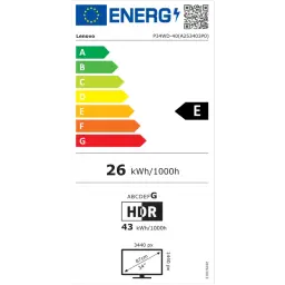 Etiqueta energética UE del Lenovo ThinkVision P34WD-40: clase E, consumo 26 kWh/1000h SDR y 43 kWh/1000h HDR, 34 pulgadas, 3440x1440, pantalla curva