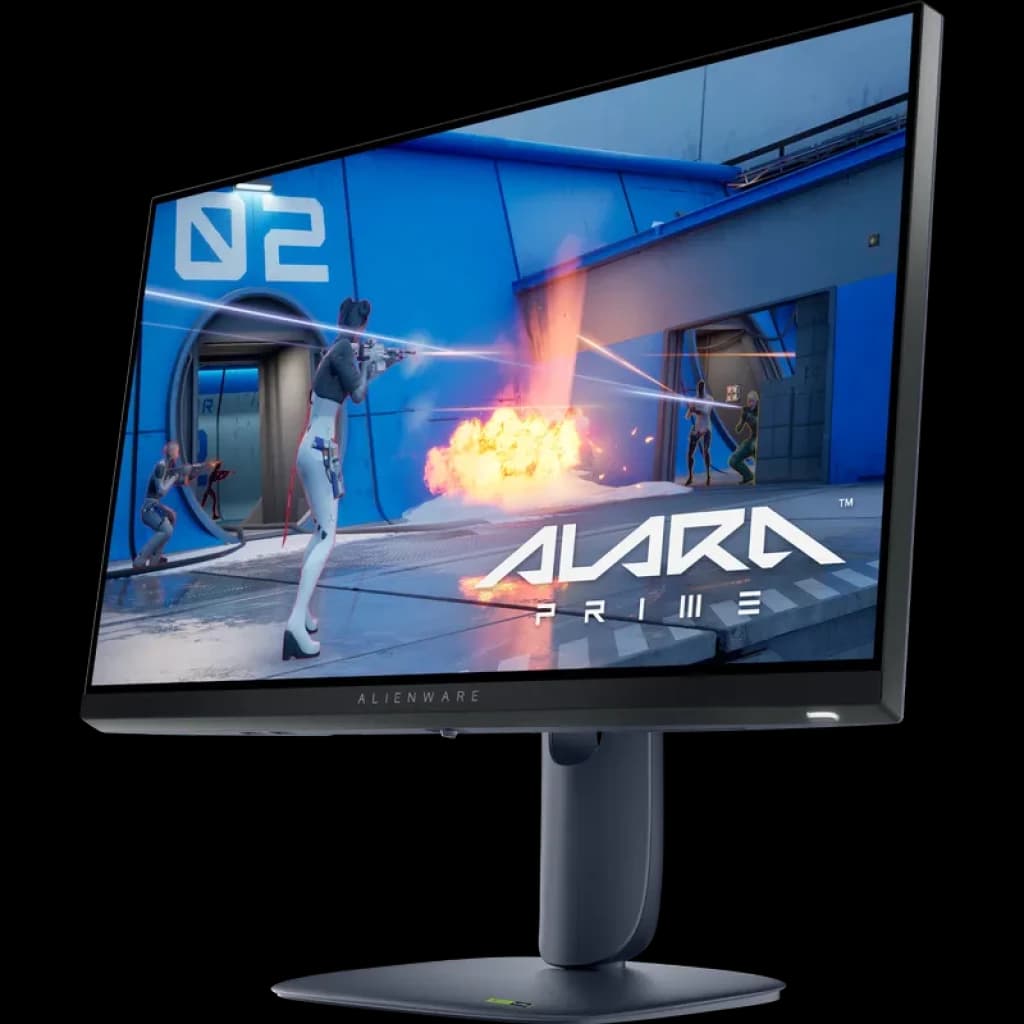 Monitor gaming Alienware 25 pulgadas con biseles finos, base robusta ajustable y pantalla IPS mostrando juego; diseño moderno en negro con logo en el marco