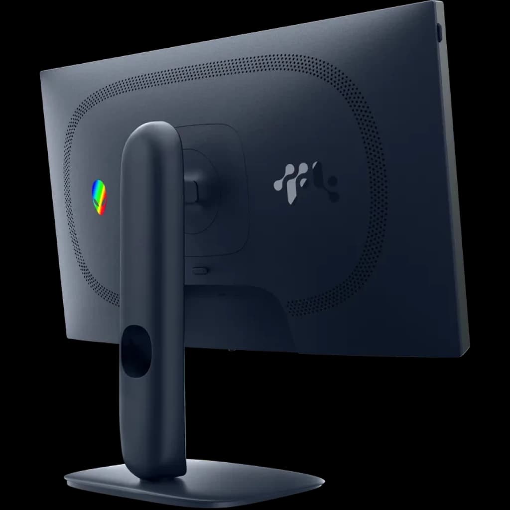DELL Alienware AW2525HM monitor 25 pulgadas, vista trasera en color oscuro con soporte robusto y orificio para cables, ventilación curva y logotipo iluminado