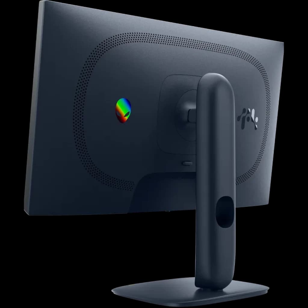 Monitor gaming Alienware AW2525HM de 25 pulgadas, trasera gris con logo RGB, soporte robusto ajustable con orificio para cables y ventilación ovalada