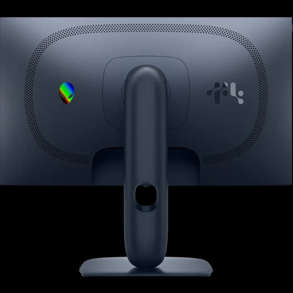 Parte trasera del DELL Alienware AW2525HM 25 pulgadas, chasis oscuro con logo RGB, ventilación curva, soporte robusto central y gestión de cables integrada