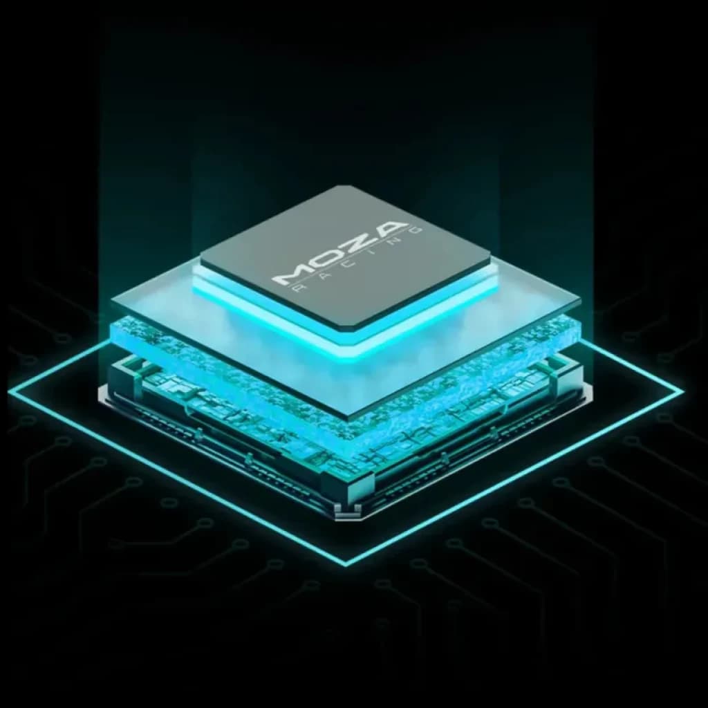 Moza Racing CM2 HD - Painel de corrida com chip em camadas iluminado em azul, destaque para circuitos eletrônicos e design tecnológico futurista